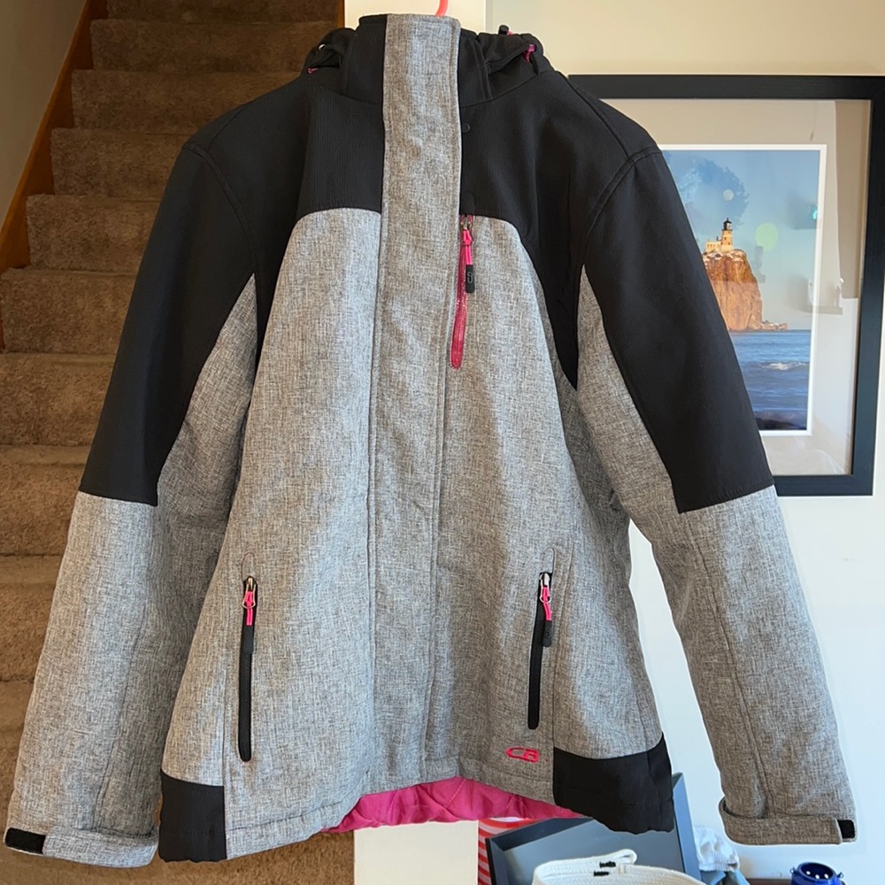 CB black gray pink winter jacket zip up hood cold weather size large